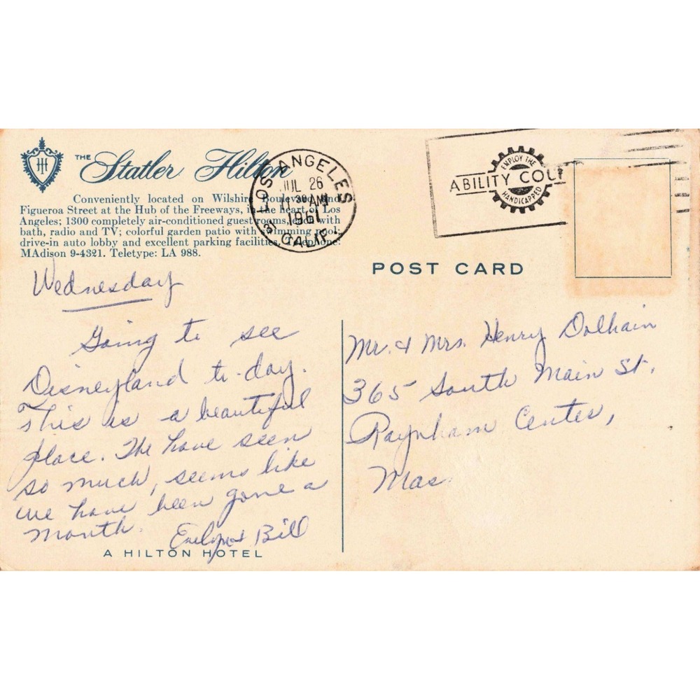 Vintage 1961 The Statler Hilton Los Angeles Postcard Mid-Century Hotel Ephemera - Picture 2 of 2